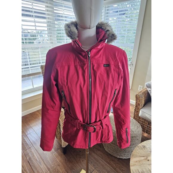 Skea Paris Vail Belted Ski Snow Jacket Women's Size 6 Made in USA Red Faux Fur - Picture 1 of 14